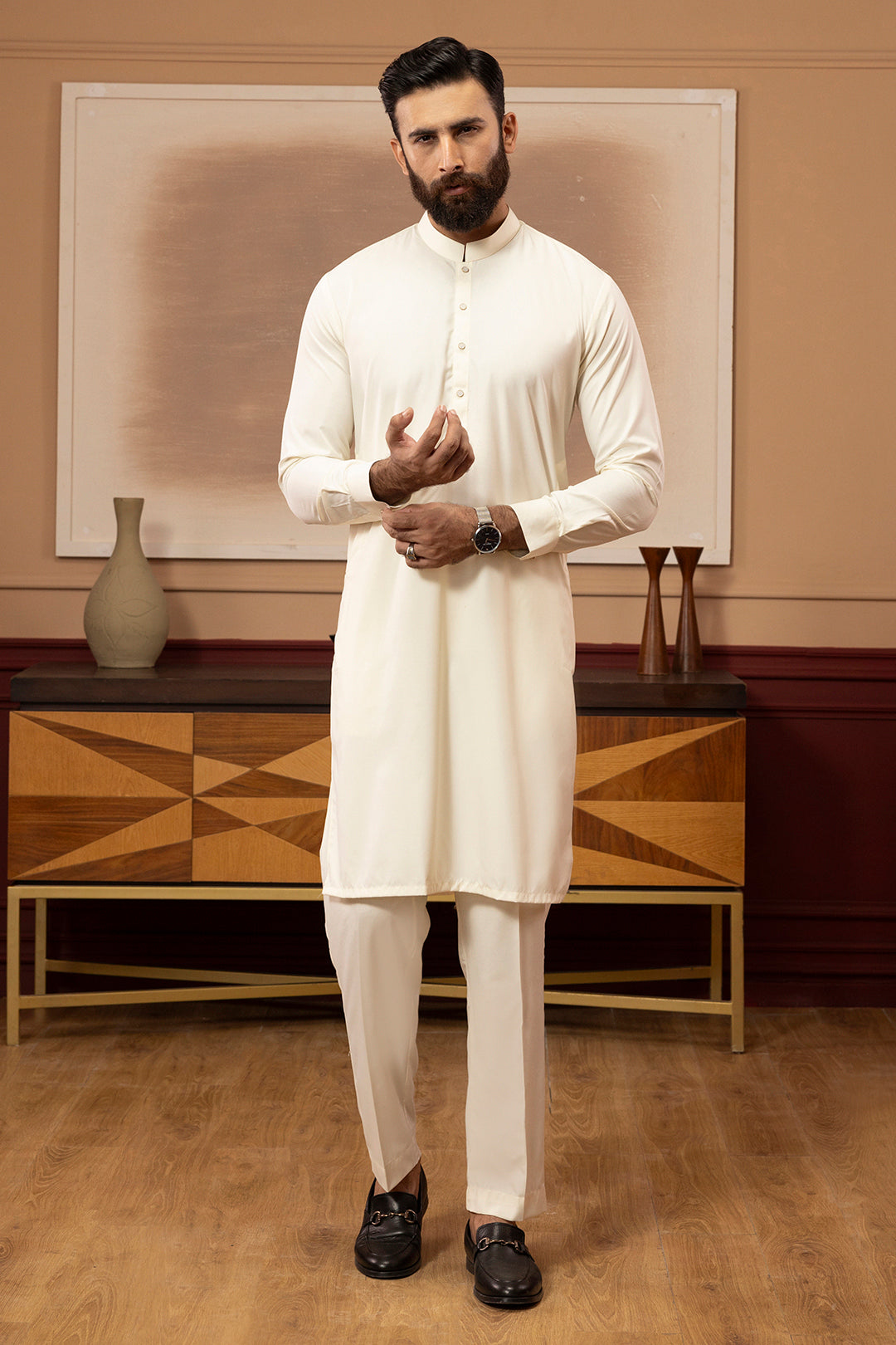 Premium Off-White Unstitched Wash & Wear Shalwar Kameez for Men
