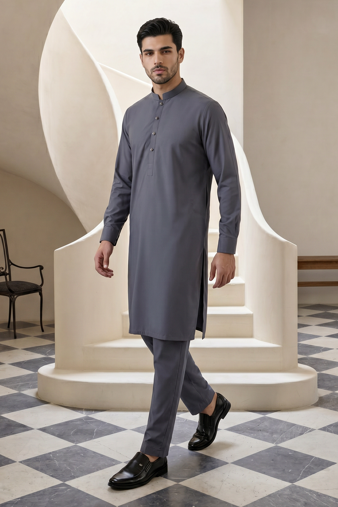 Premium Charcoal Grey Unstitched Wash & Wear Shalwar Kameez for Men