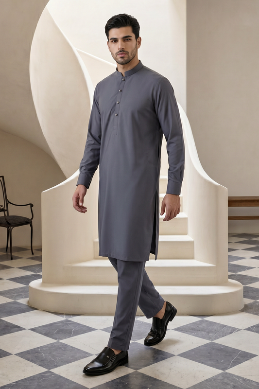 Premium Charcoal Grey Unstitched Wash & Wear Shalwar Kameez for Men
