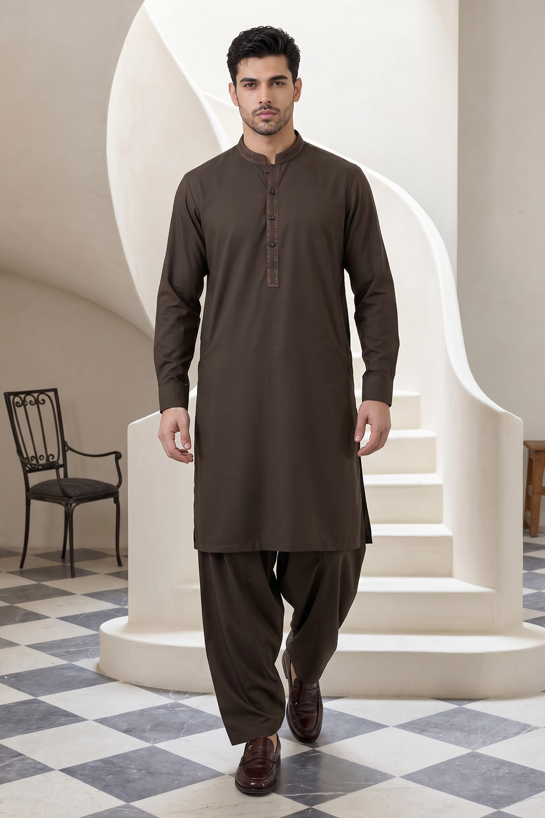 Premium Men's Dark Brown Unstitched Wash & Wear Fabric