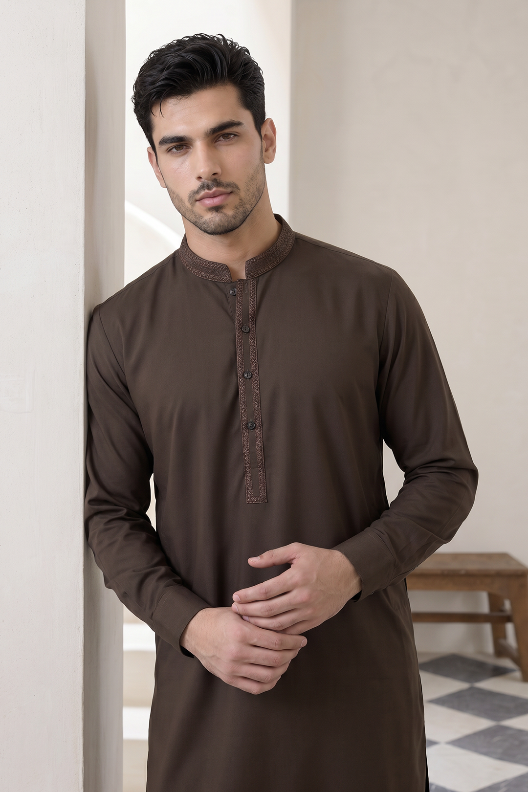 Premium Men's Dark Brown Unstitched Wash & Wear Fabric