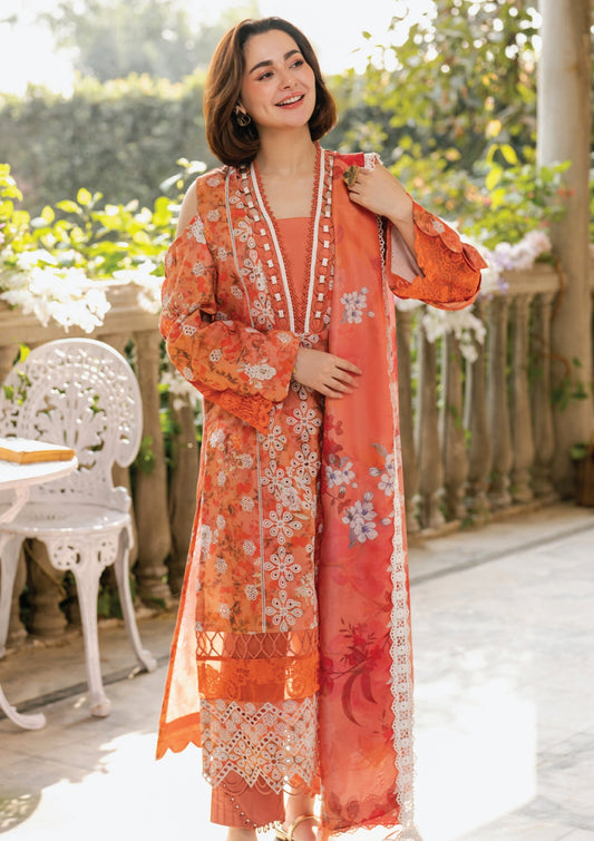 Premium Peach Orange Embroidered Lawn 3-Piece Unstitched Suit