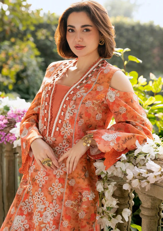 Premium Peach Orange Embroidered Lawn 3-Piece Unstitched Suit