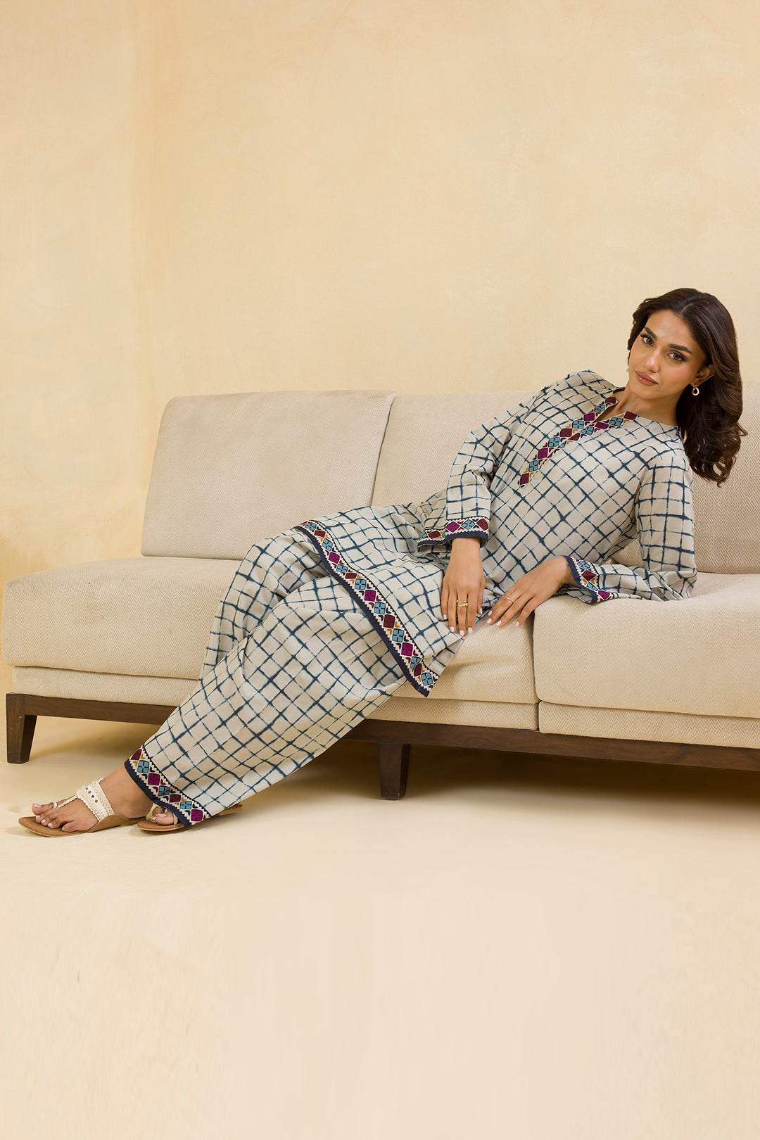 Premium Beige Check Printed 2-Piece Co-Ord Set for Women