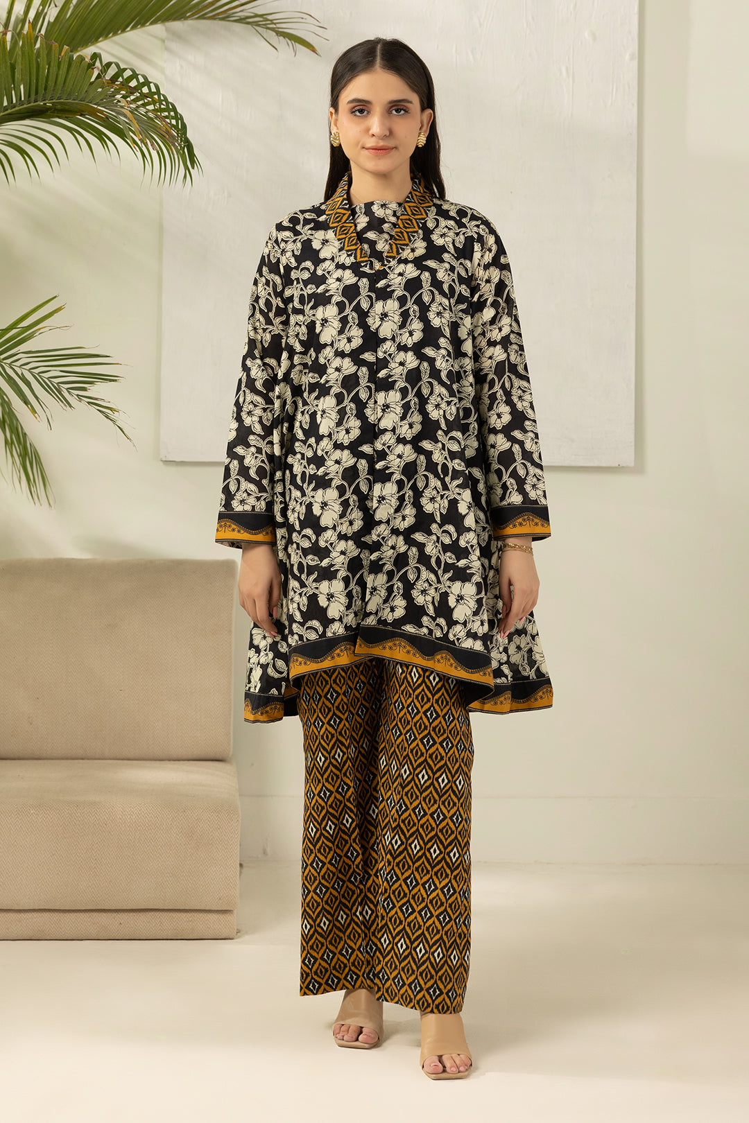 Premium Black Floral Printed Black & Mustard 2-Piece Summer Outfit