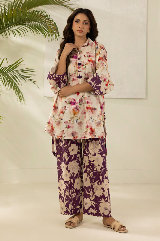 Premium Floral Printed Cream & Purple 2-Piece Summer Outfit