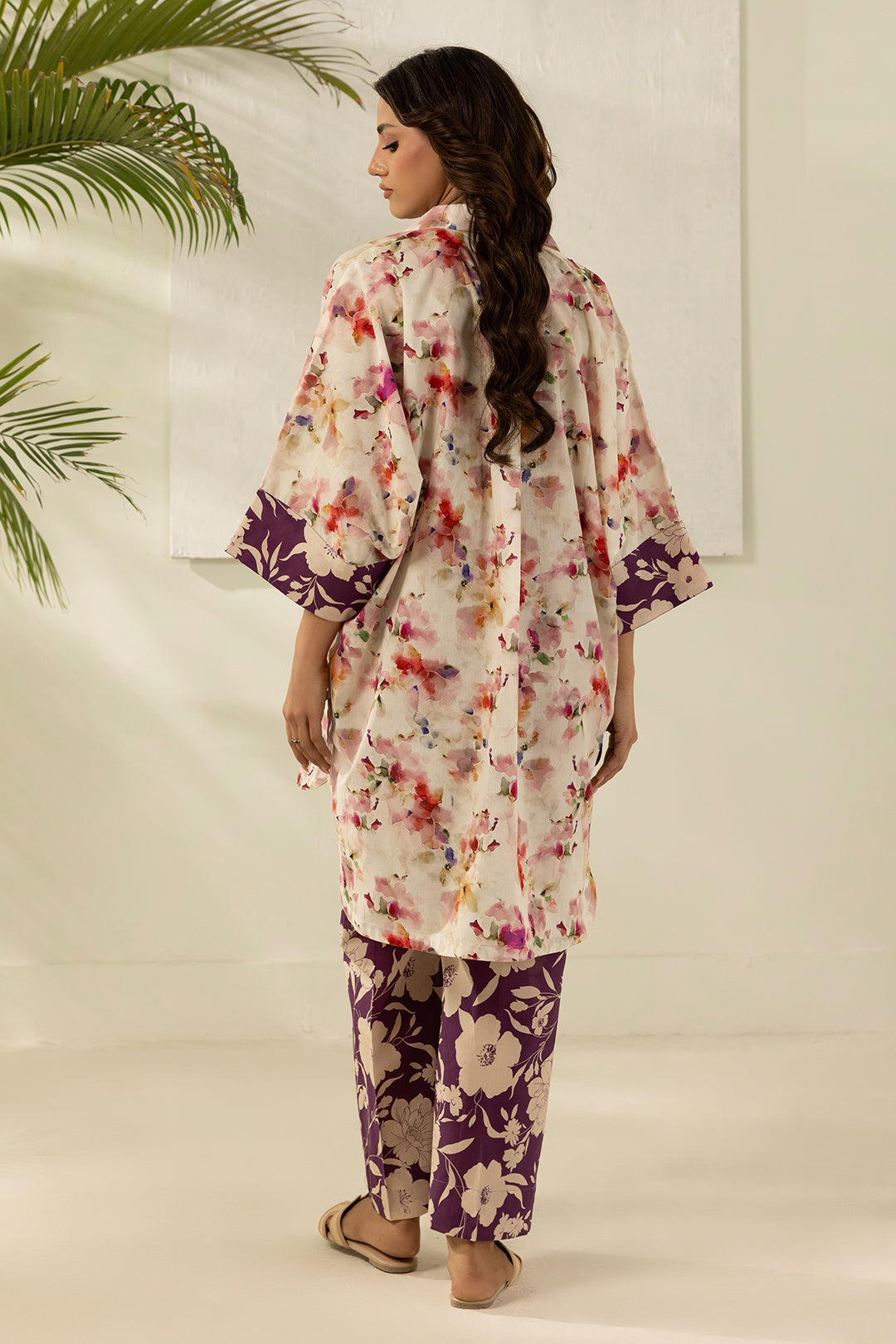 Premium Floral Printed Cream & Purple 2-Piece Summer Outfit