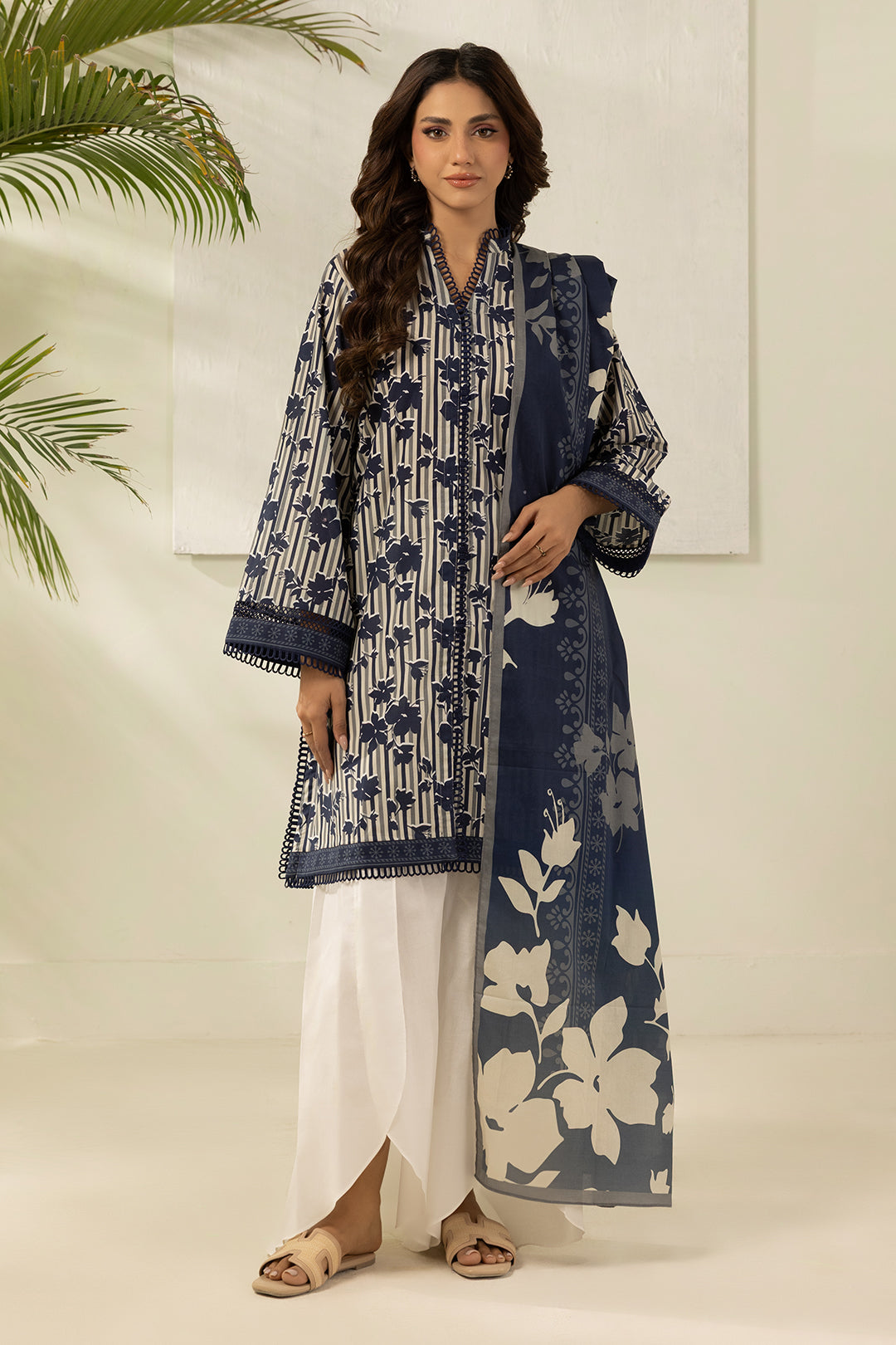Premium Navy Blue Printed Lawn 3-Piece Unstitched Suit